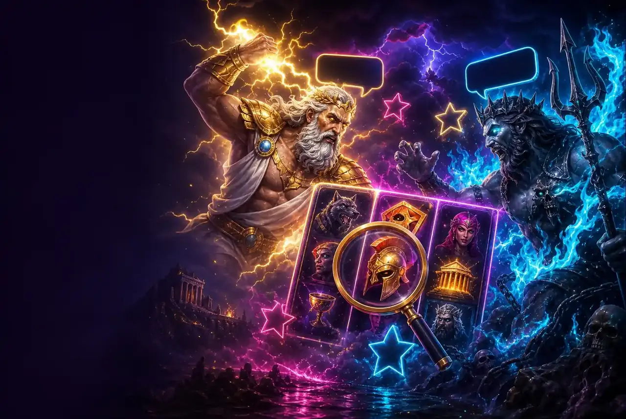 Ключевой арт Zeus vs Hades: Зевс и Аид, лупа над барабаном