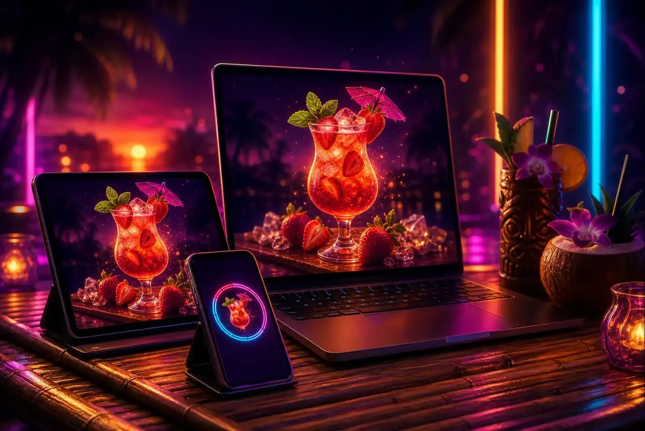 Ноутбук, планшет и смартфон с демо Strawberry Cocktail в баре