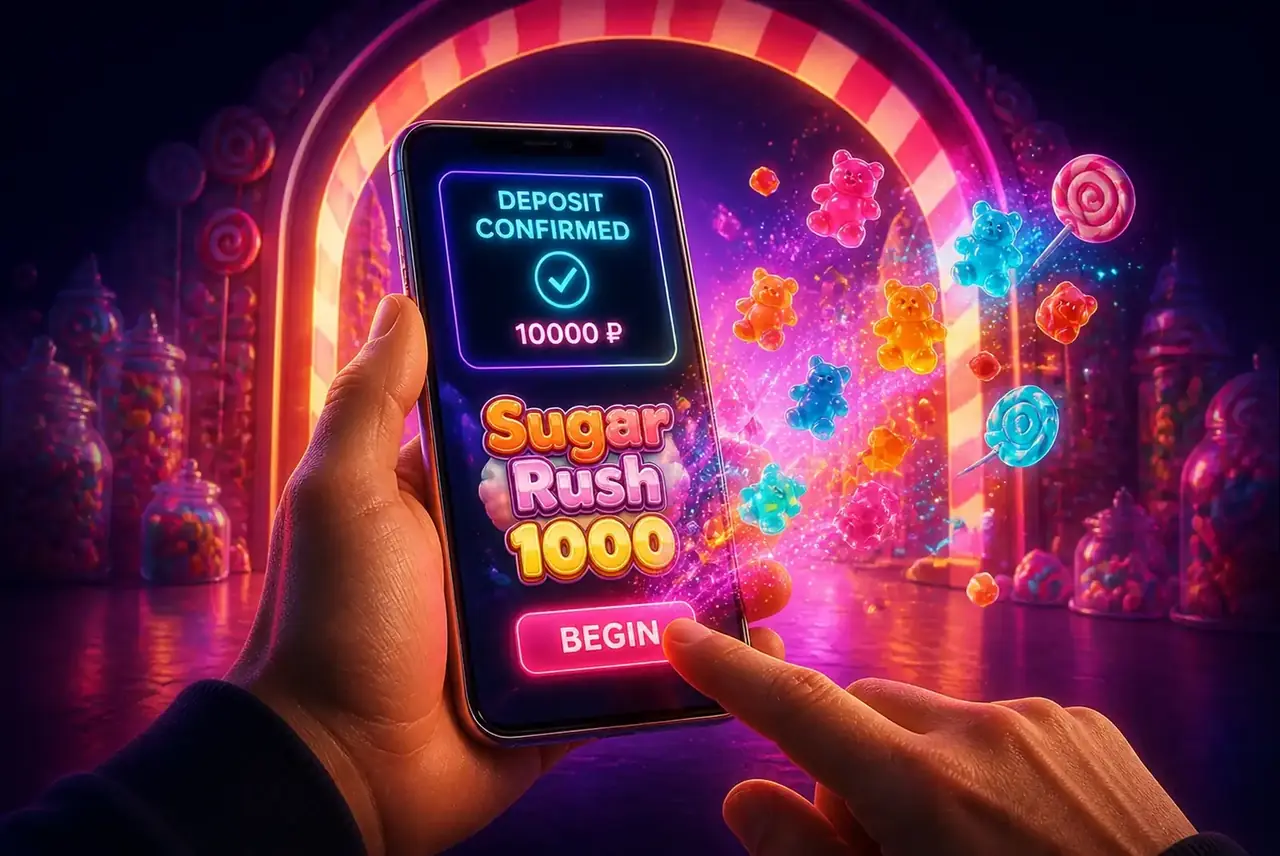 Смартфон с запуском Sugar Rush 1000 и конфетами, вылетающими с экрана