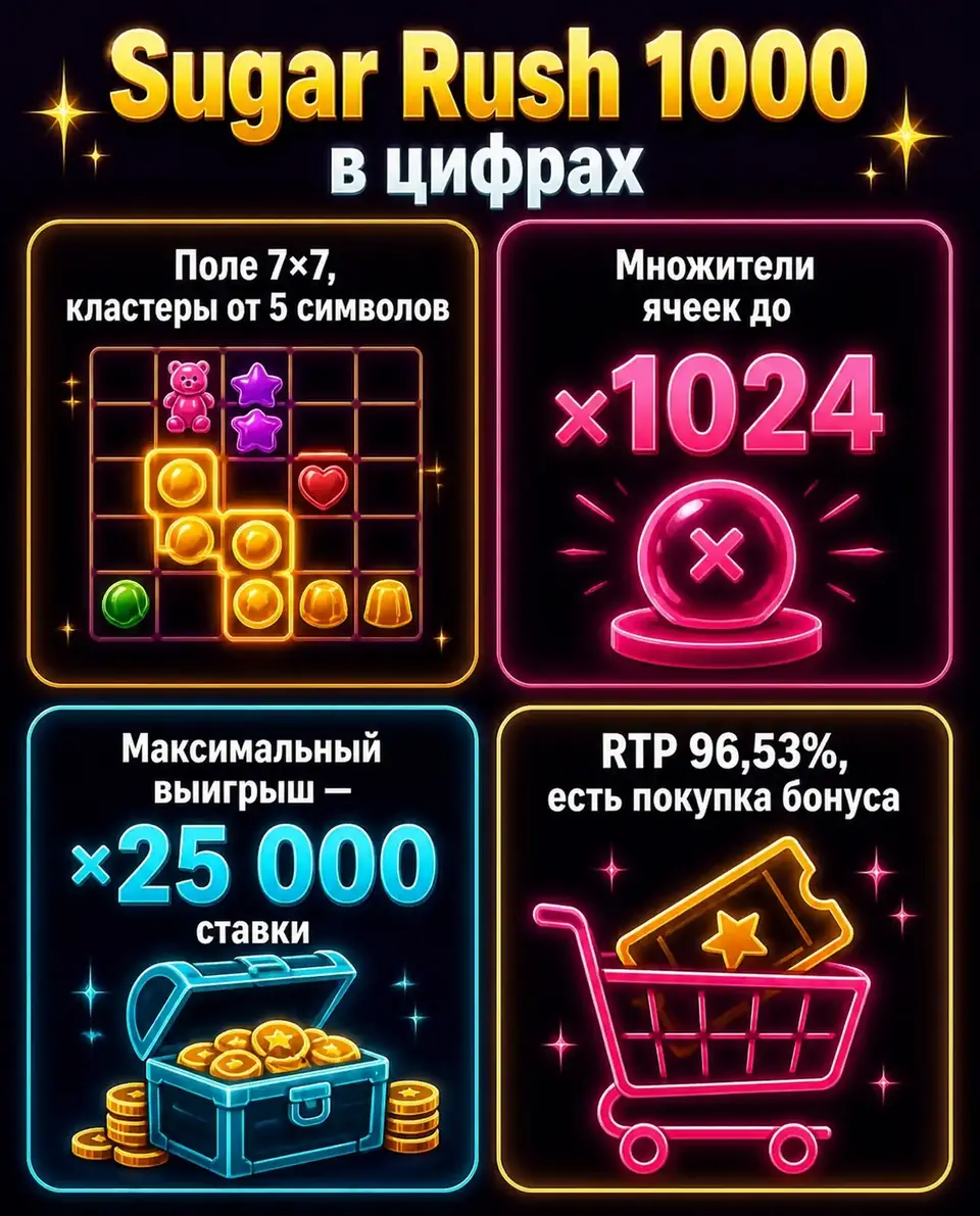 Главные цифры слота Sugar Rush 1000: поле, множители, выигрыш, RTP