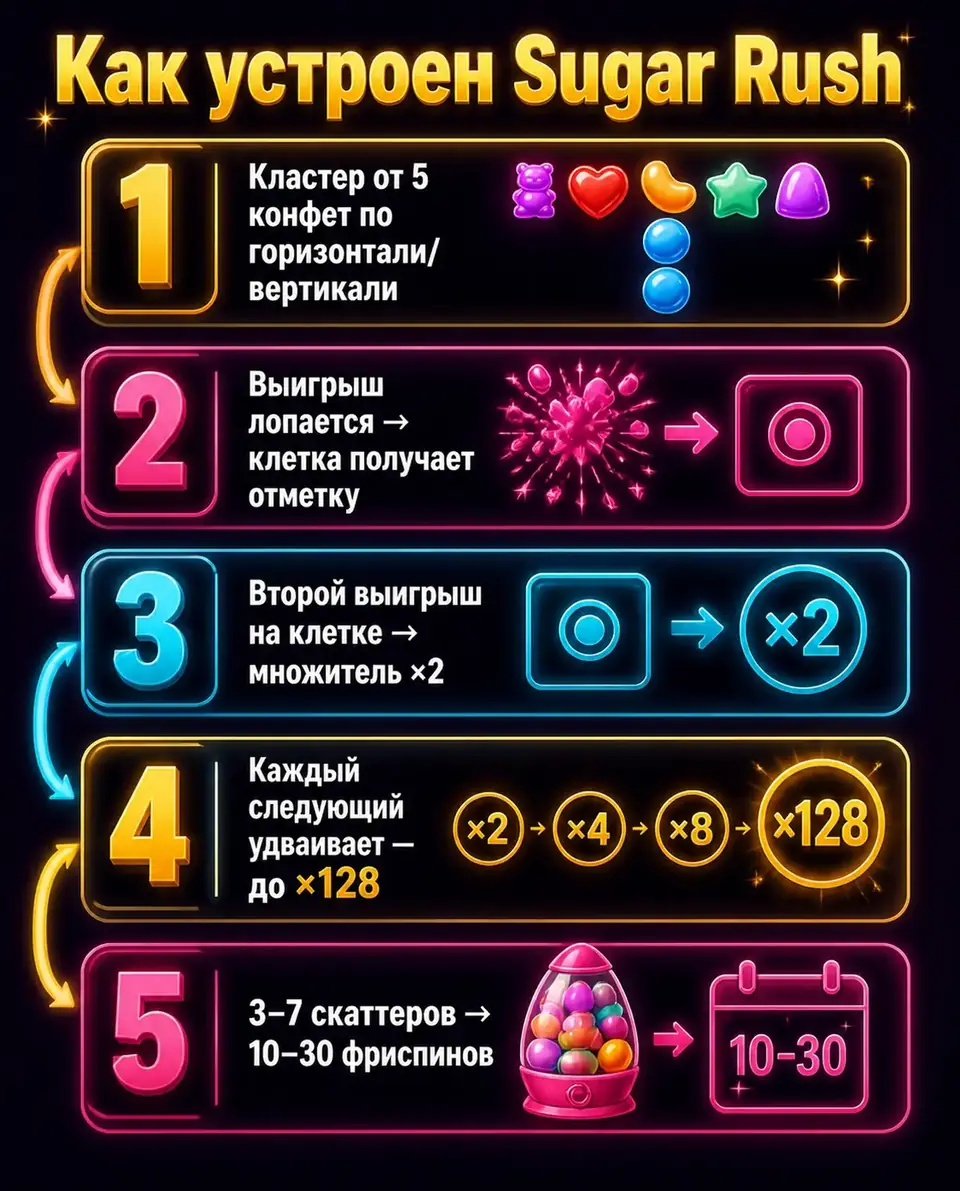 Схема кластеров и ячеек-множителей до ×128 в слоте Sugar Rush