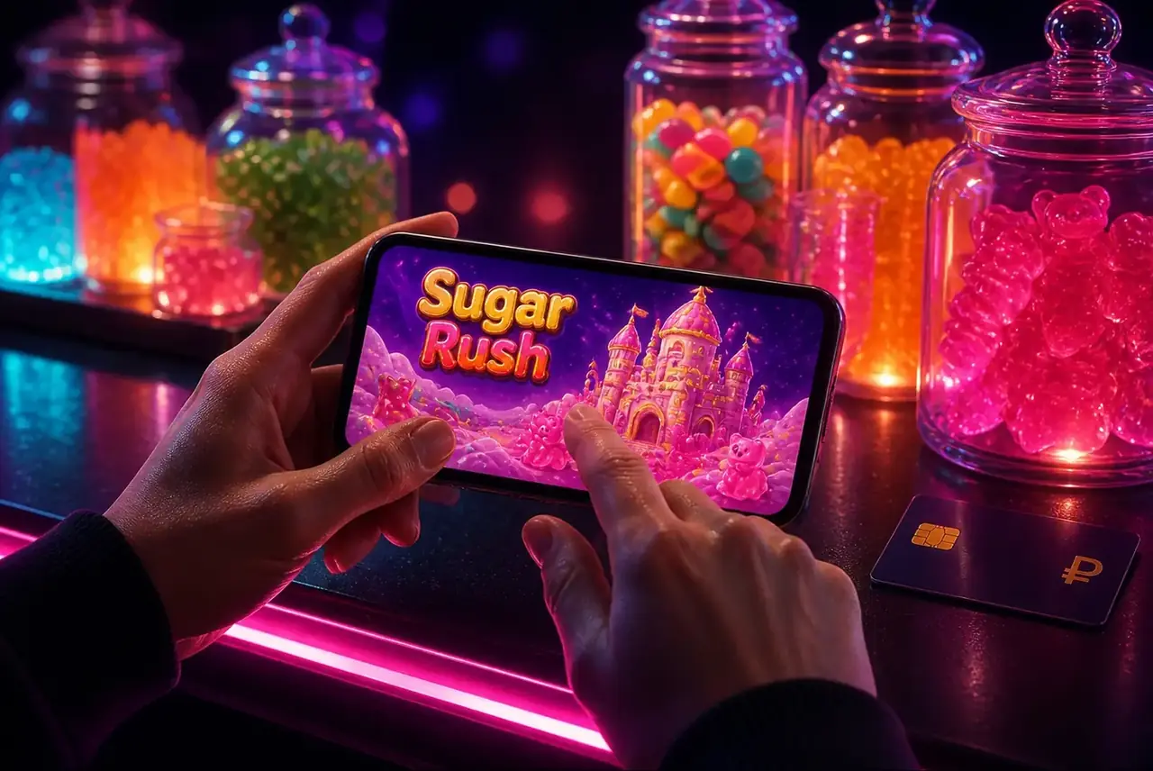Игрок запускает Sugar Rush на телефоне в кондитерской