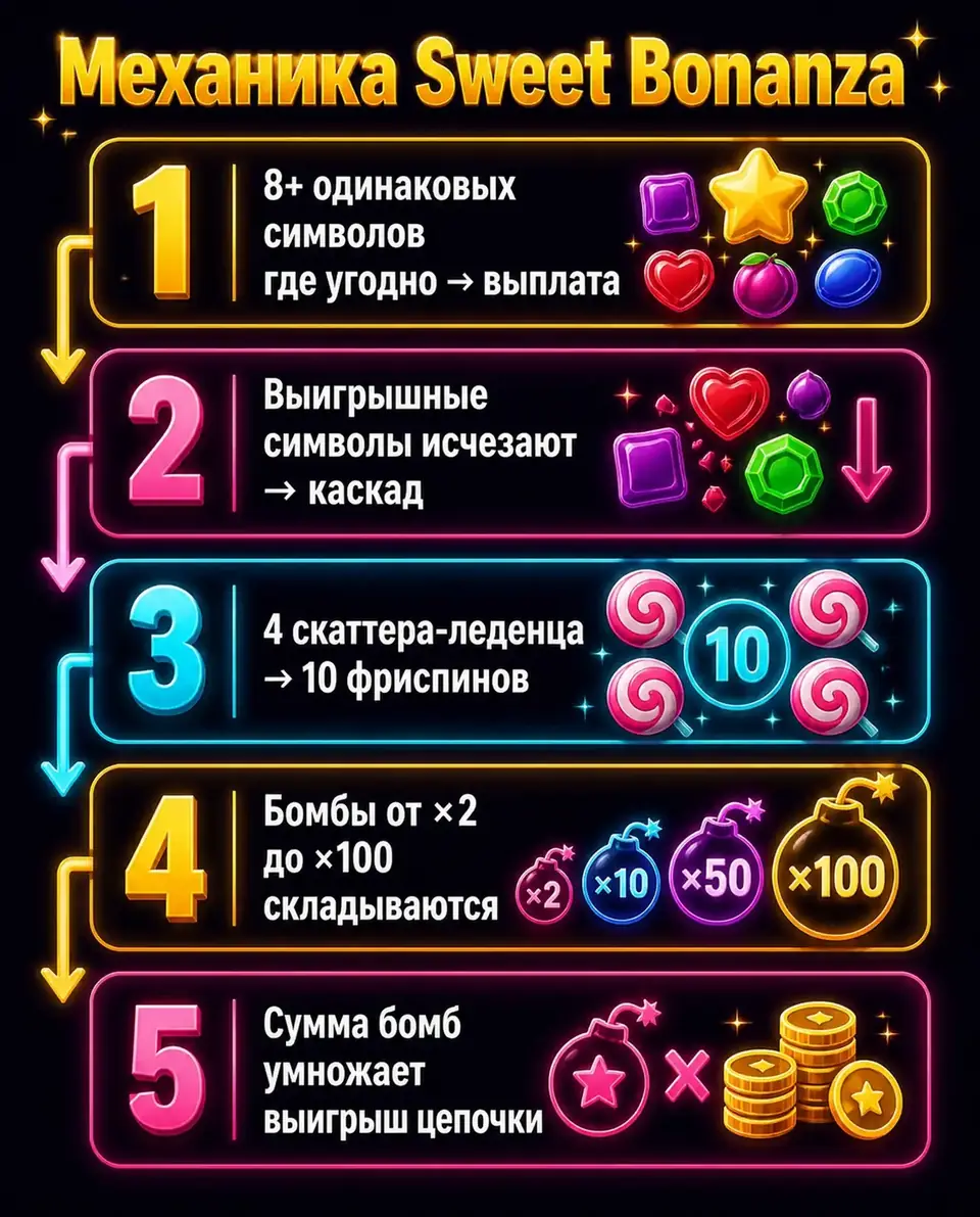 Схема механики Sweet Bonanza: каскады, скаттеры и бомбы-множители