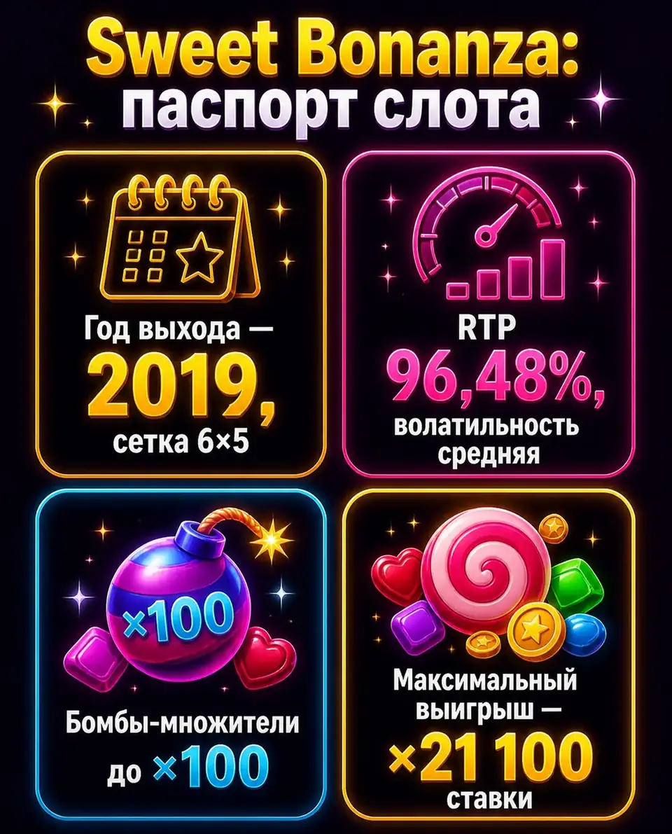 Ключевые характеристики Sweet Bonanza: год, RTP, множители, выигрыш