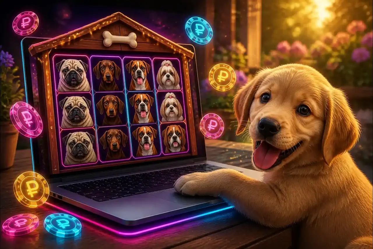 Демо The Big Dog House на ноутбуке и щенок рядом