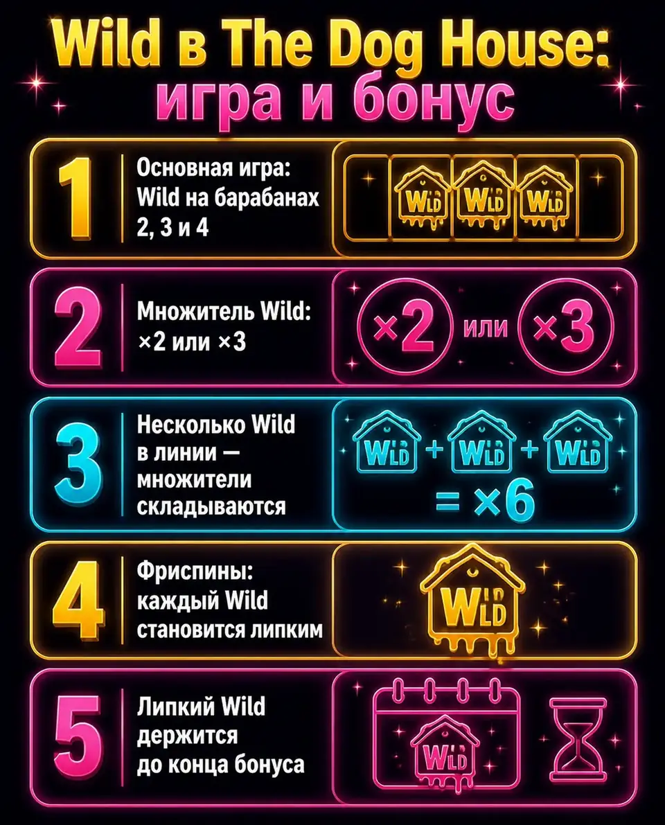 Wild с множителями в основной игре и бонусе The Dog House
