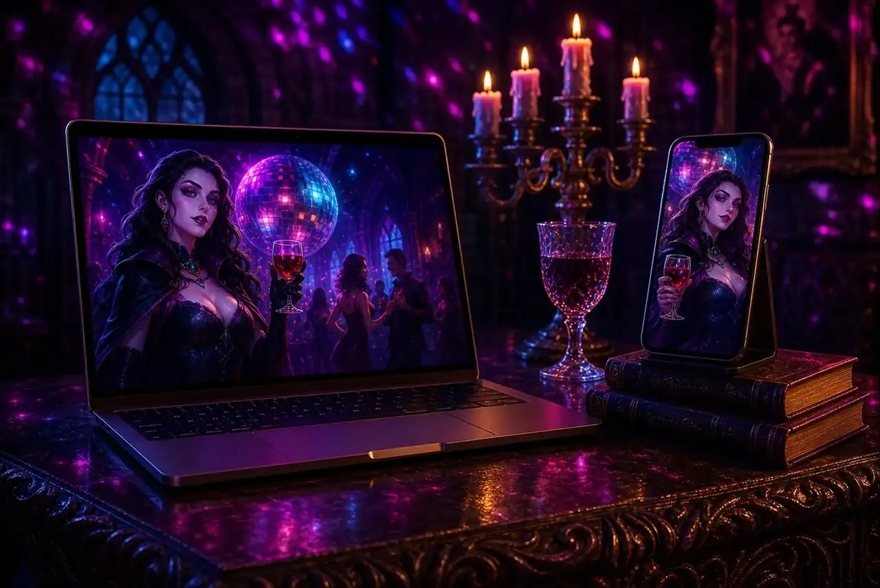 Ноутбук и смартфон с демо Vampy Party на готическом столе