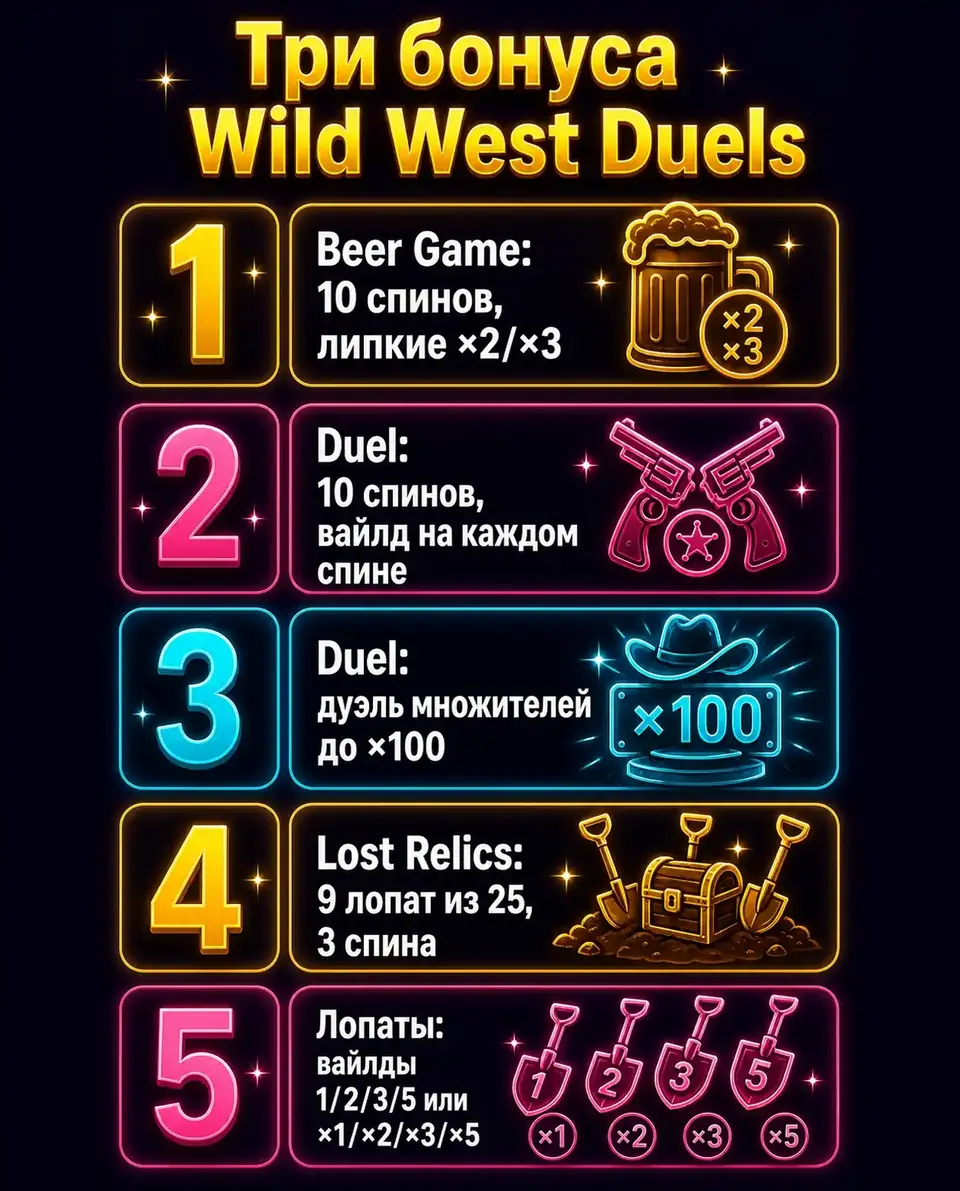 Сравнение трёх бонусов Wild West Duels: Beer Game, Duel, Lost Relics
