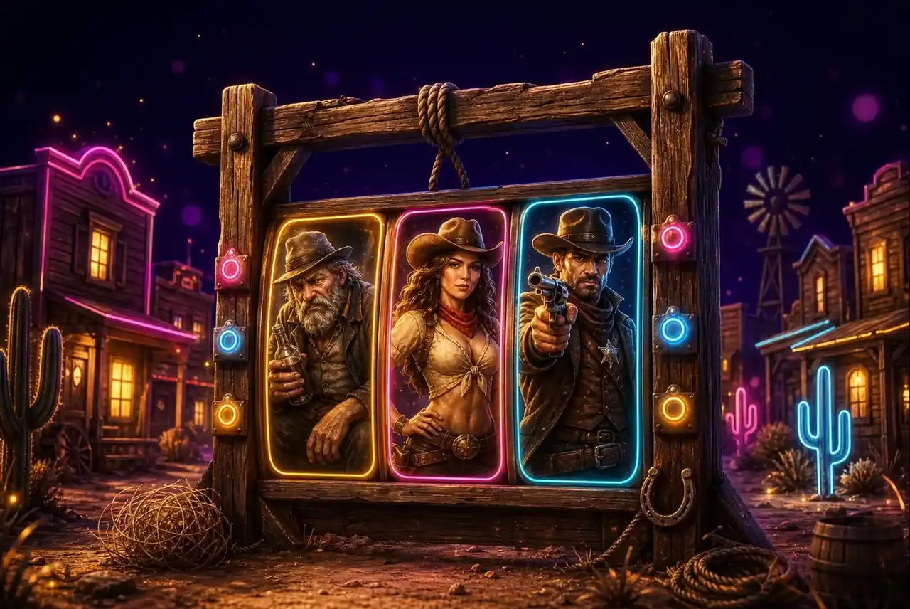 Деревянная рамка-виселица и персонажи вестерна в Wild West Duels