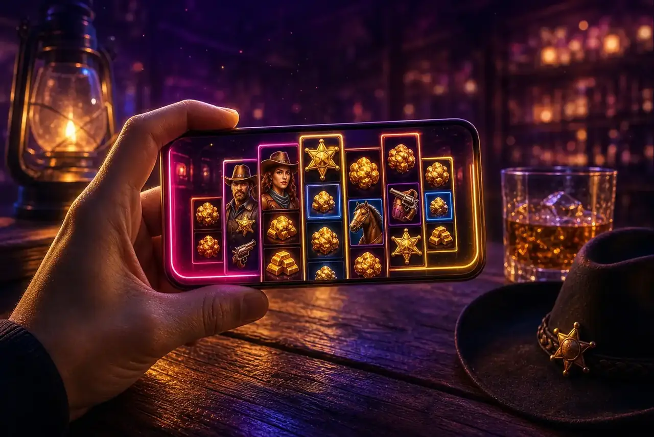 Смартфон со слотом Wild West Gold Megaways на стойке салуна