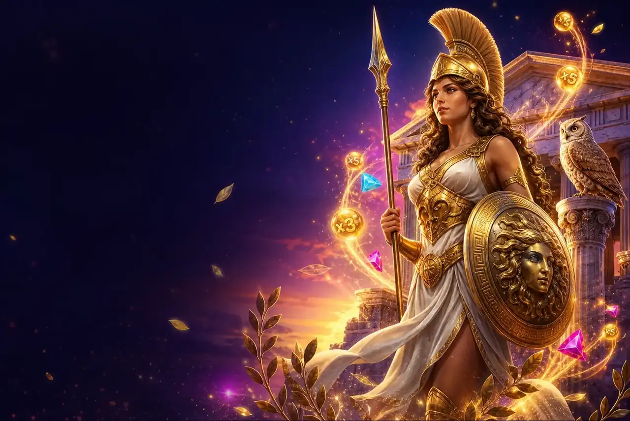Афина в золотом шлеме у храма — ключевой арт Wisdom of Athena 1000