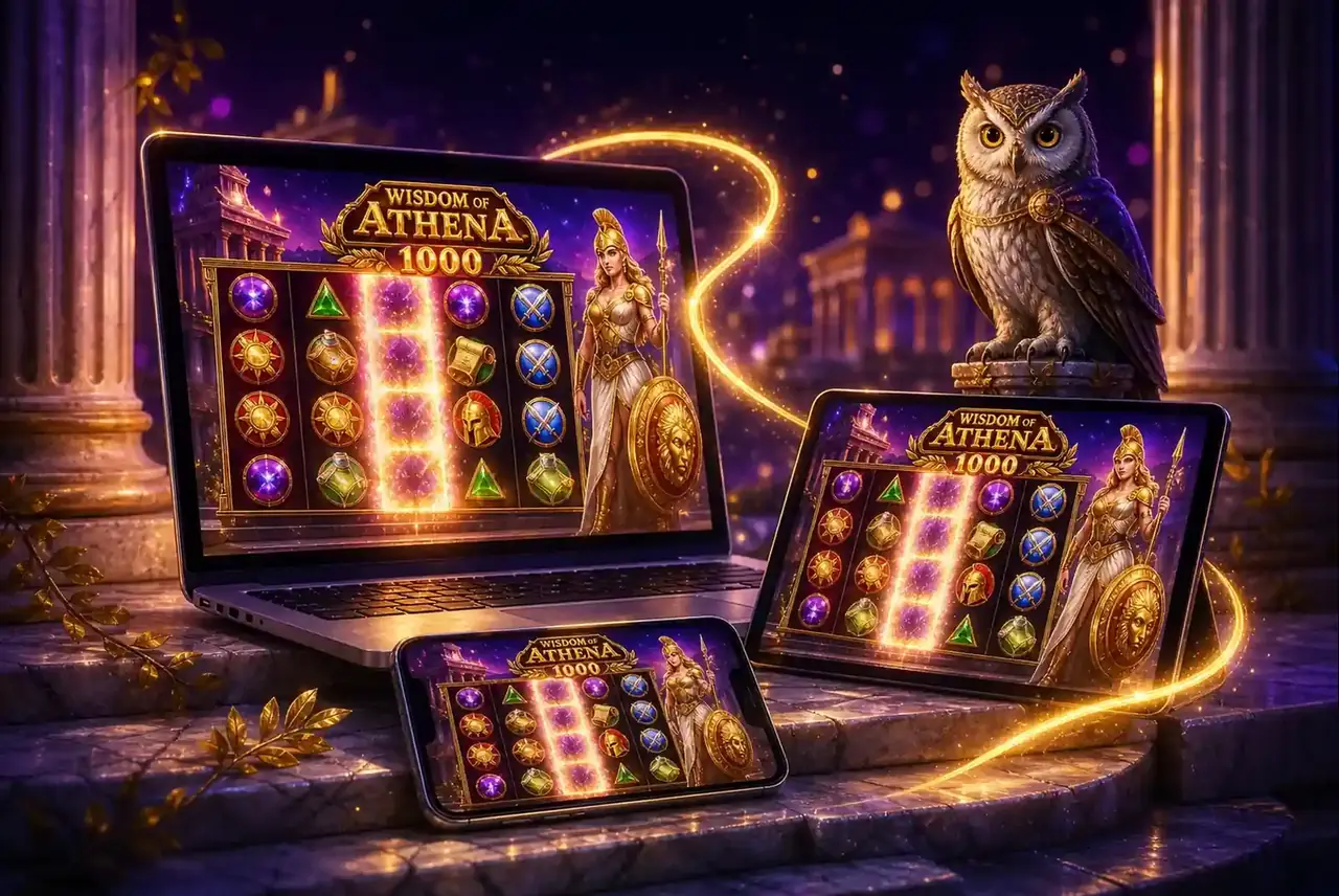 Ноутбук, планшет и смартфон на ступенях храма с Wisdom of Athena 1000