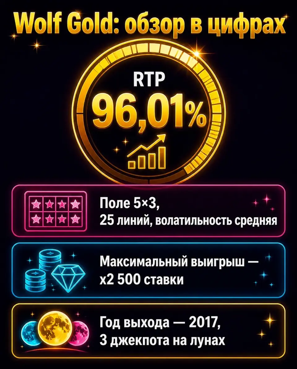 Характеристики Wolf Gold: RTP 96,01%, 25 линий и максимальный выигрыш