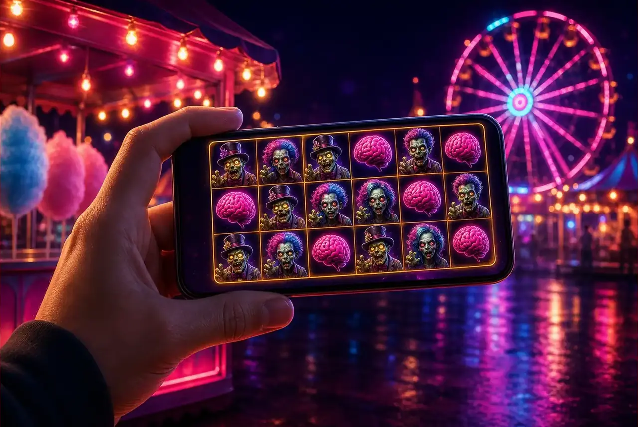 Смартфон со слотом Zombie Carnival на вечерней ярмарке