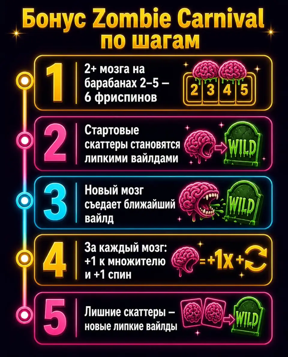 Шаги бонусного раунда Zombie Carnival с липкими вайлдами