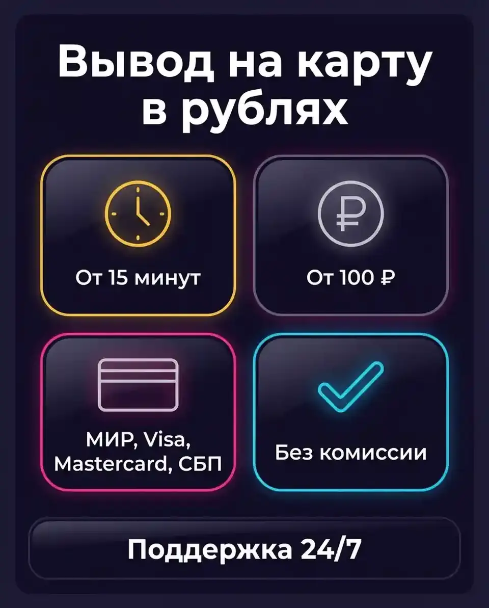 Вывод на карту в рублях: от 15 минут, от 100 ₽, без комиссии — инфографика